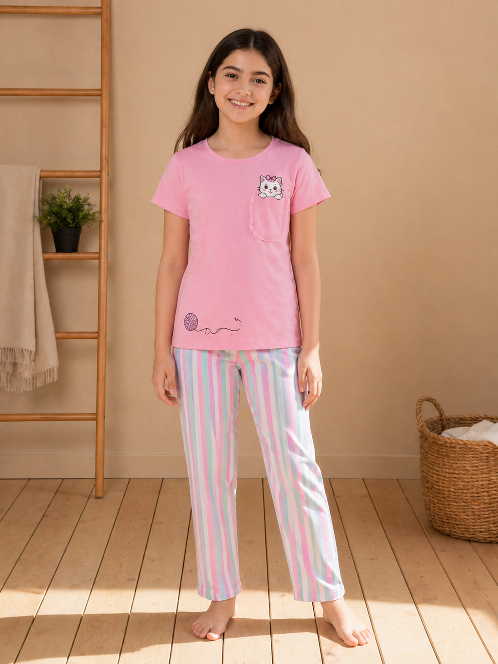 Sportking Knitted Half Sleeve Kitty Print Night Suit Set with Striped Pajama - Pink