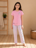Sportking Knitted Half Sleeve Kitty Print Night Suit Set with Striped Pajama - Pink