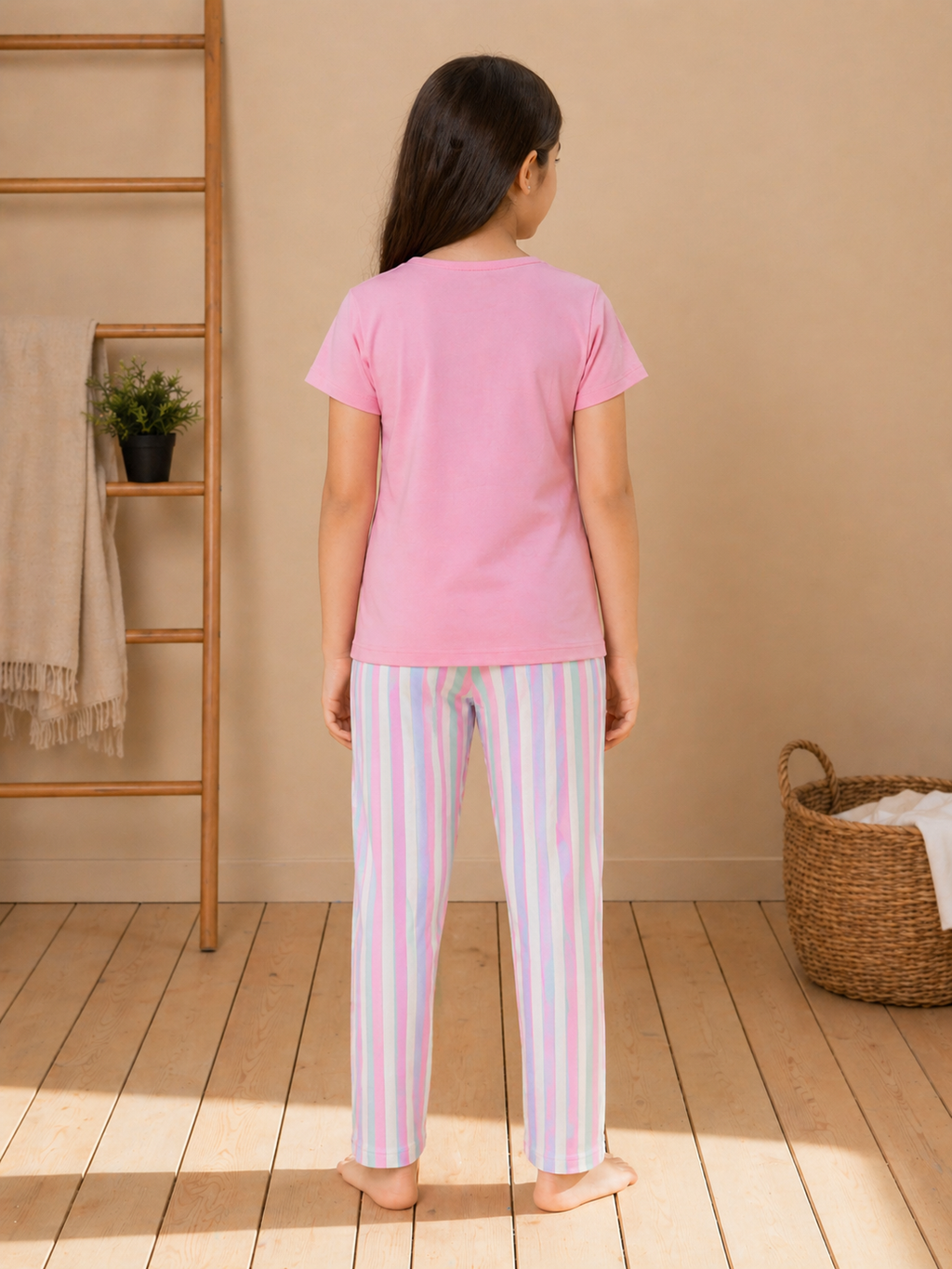 Sportking Knitted Half Sleeve Kitty Print Night Suit Set with Striped Pajama - Pink