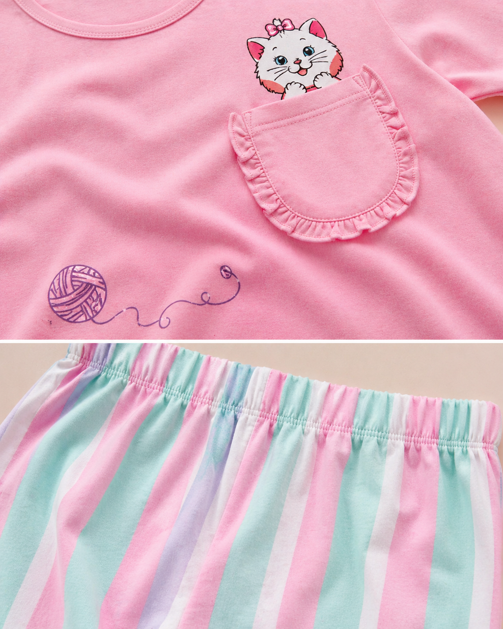 Sportking Knitted Half Sleeve Kitty Print Night Suit Set with Striped Pajama - Pink