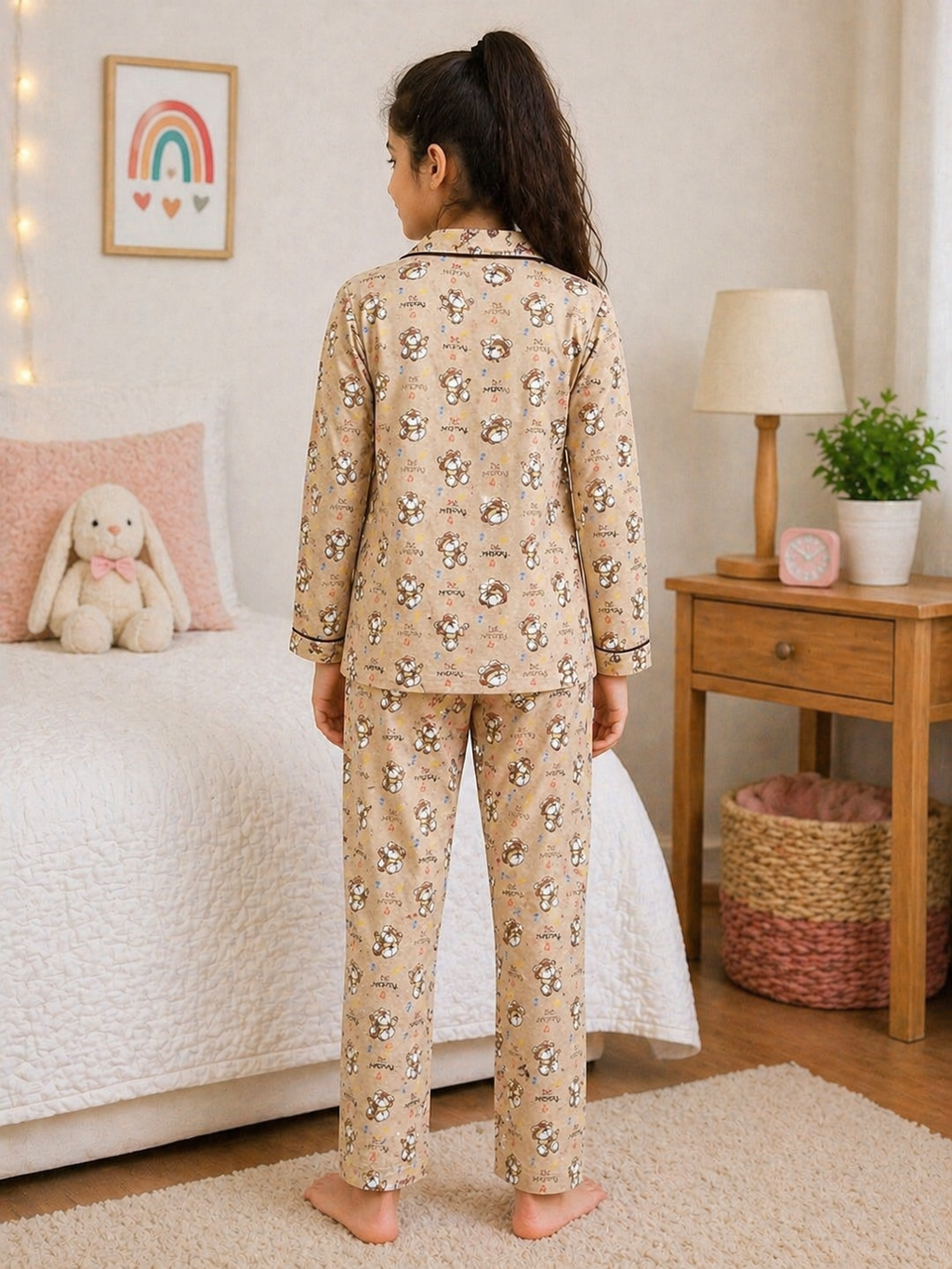 Sportking Knitted Full Sleeve Front Open Printed Night Suit Set – Beige