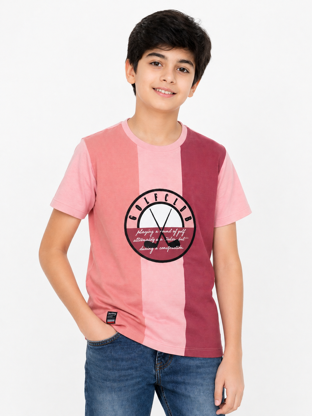 Sportking Knitted Half Sleeve Color Block Graphic Print T-Shirt - Peach