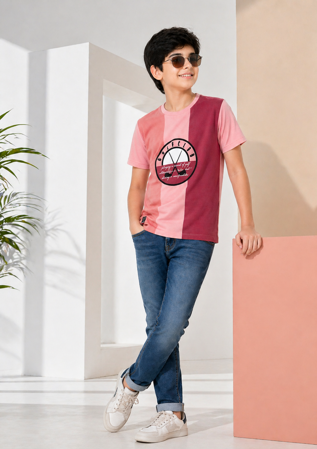 Sportking Knitted Half Sleeve Color Block Graphic Print T-Shirt - Peach
