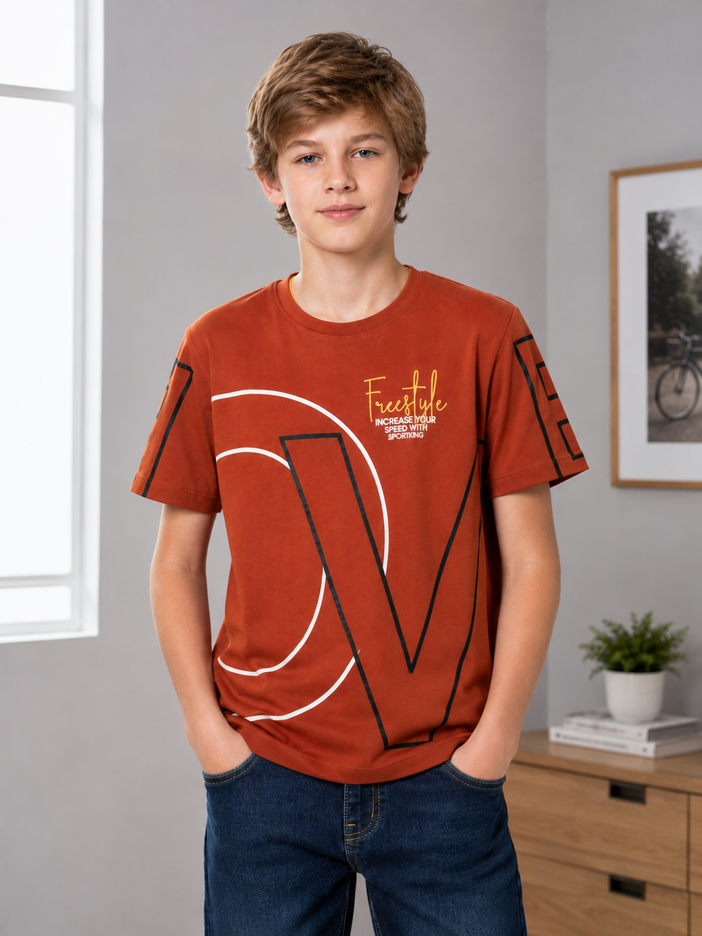 Sportking Knitted Half Sleeve Graphic Print Round Neck T-Shirt -Rust