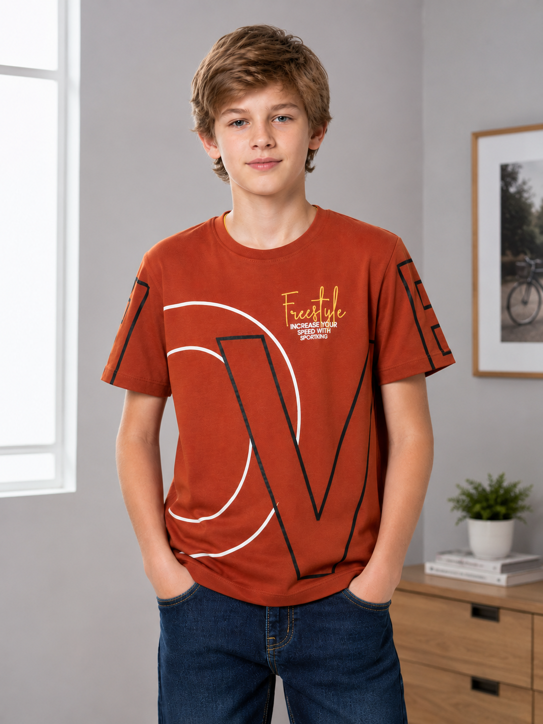 Sportking Knitted Half Sleeve Graphic Print Round Neck T-Shirt -Rust