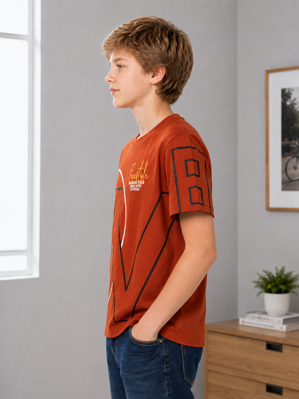 Sportking Knitted Half Sleeve Graphic Print Round Neck T-Shirt -Rust