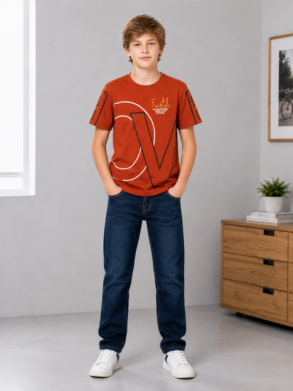 Sportking Knitted Half Sleeve Graphic Print Round Neck T-Shirt -Rust