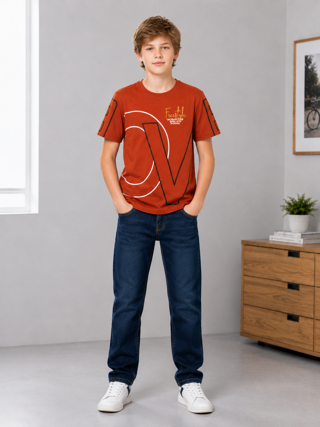Sportking Knitted Half Sleeve Graphic Print Round Neck T-Shirt -Rust