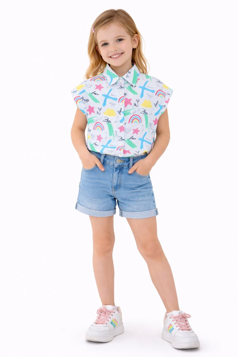 Sportking Knitted Half Sleeve Multicolor Printed Shirt Casual Top - Offwhite