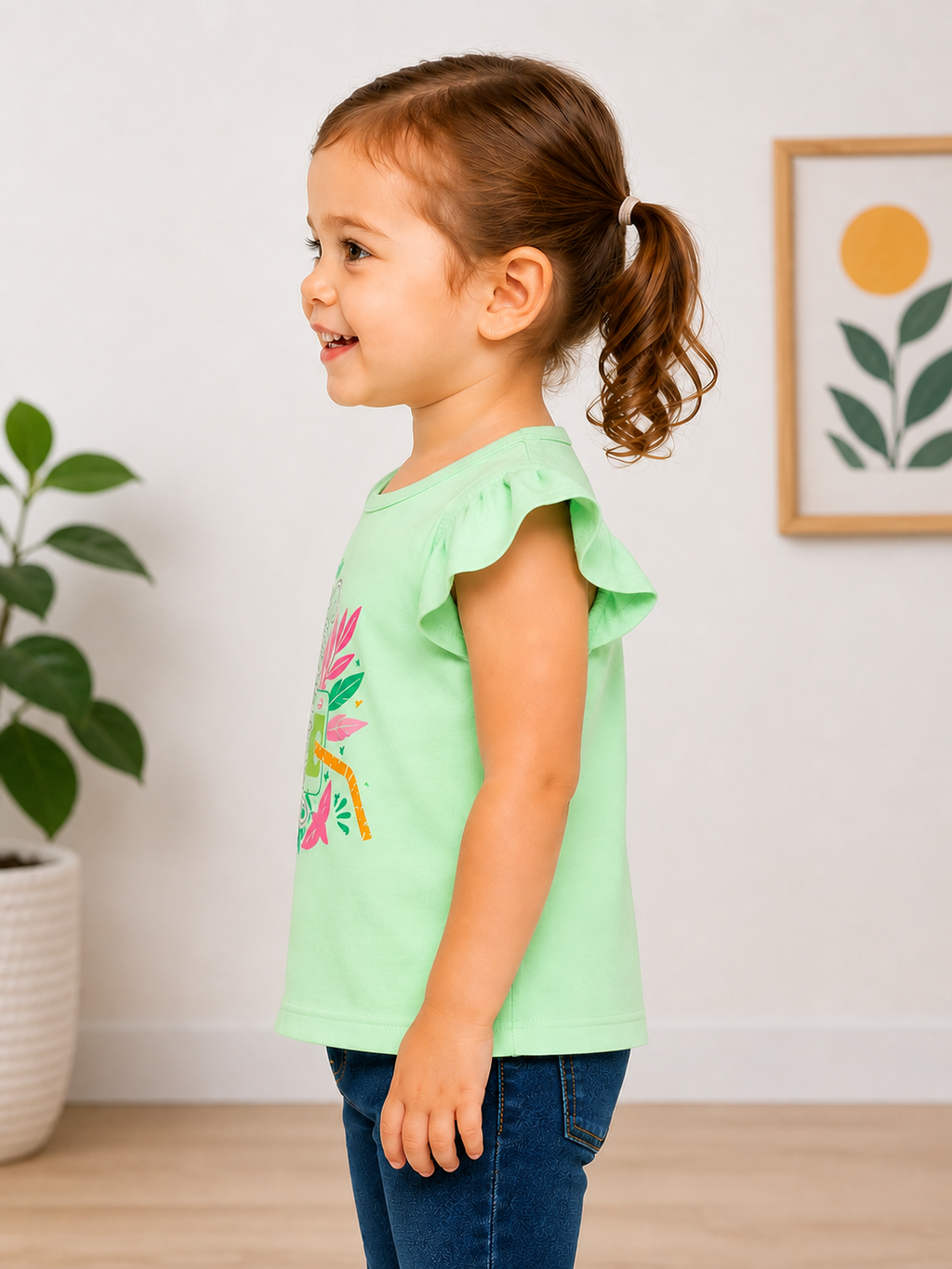 Sportking Knitted Half Sleeve Summer Print Cold Shoulder T-Shirt - L.Green